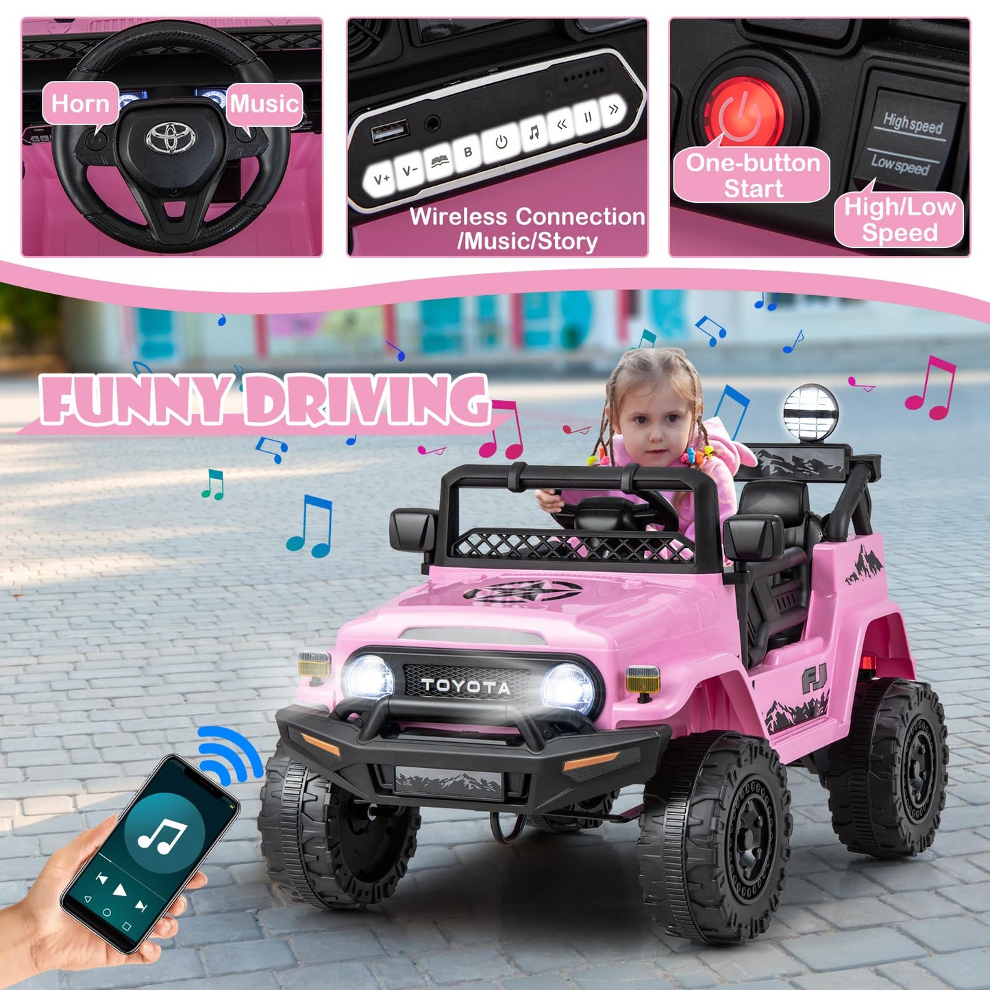Honey Joy Pink Ride On Truck, 12V Licensed Toyota Fj Electric Car For Kids, Shock Suspension, Led Lights & Music, Battery Powere