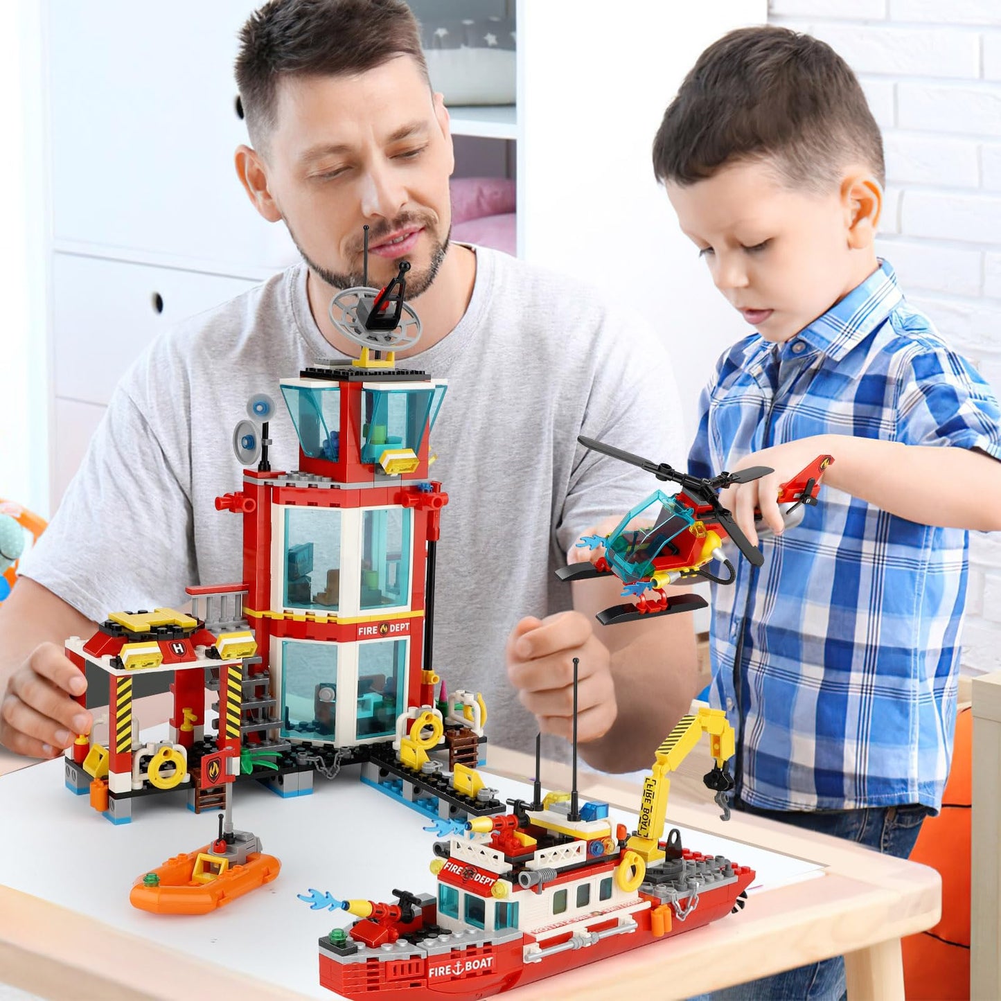 Toy Player City Oceans Fire Station Building Kit - Compatible With Leg0 Fire Station Set, With Fire Station/Fire Helicopter/Fire Ship/Rescue Boat, Gift For Sets For Boys 8-14 Years