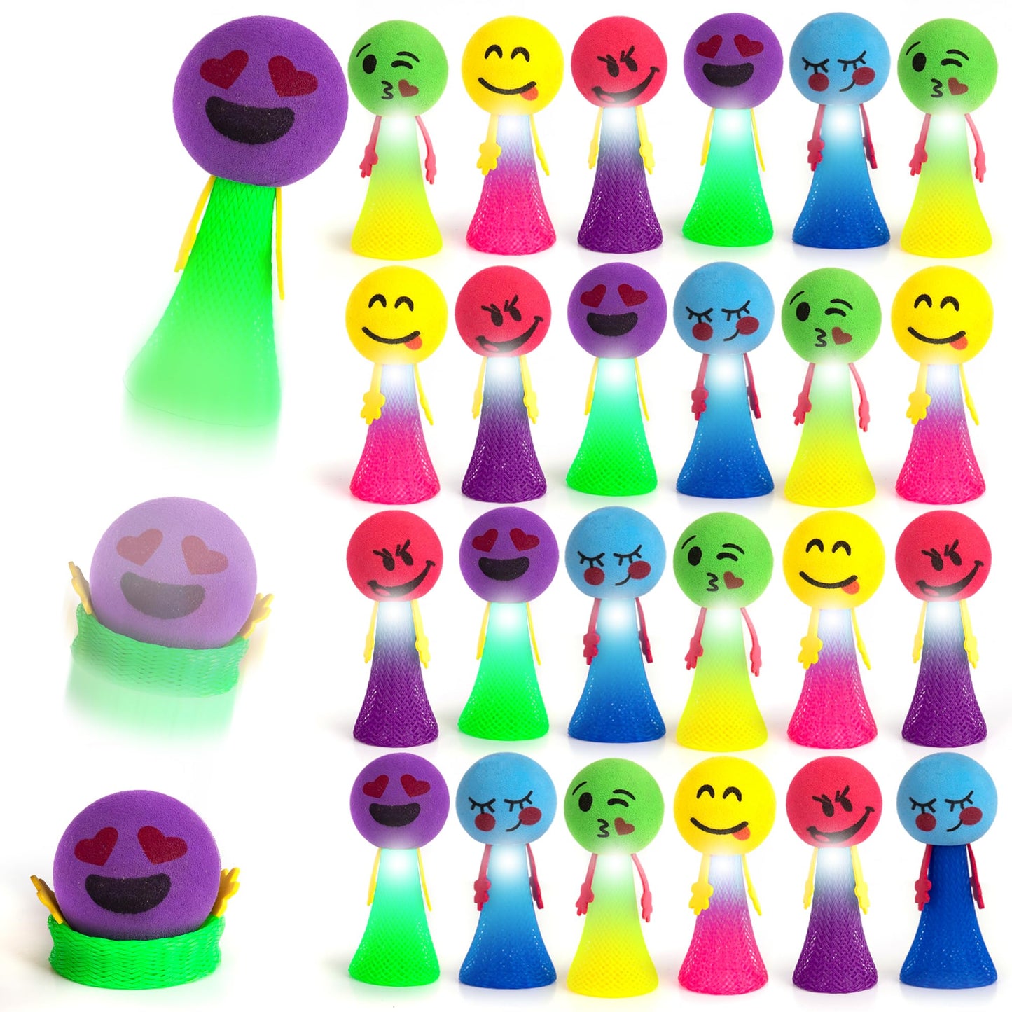 Artcreativity 24 Pc Emoticon Jumping Popper Toys, Light Up Jumping Spring Launchers With Flashing Led'S, Pop Up To 4 Feet High, Kids Jumping Toys, Led Light Up Party Favors For Kids Goodie Bags