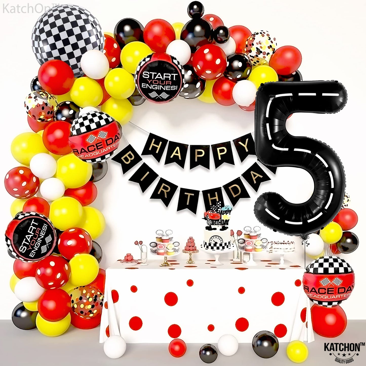 Katchon, Number 5 Race Car Black Balloon - Giant 40 Inch, Party Supplies, Hotwheel Birthday Decorations, Unisex, All Ages, 3 Pieces