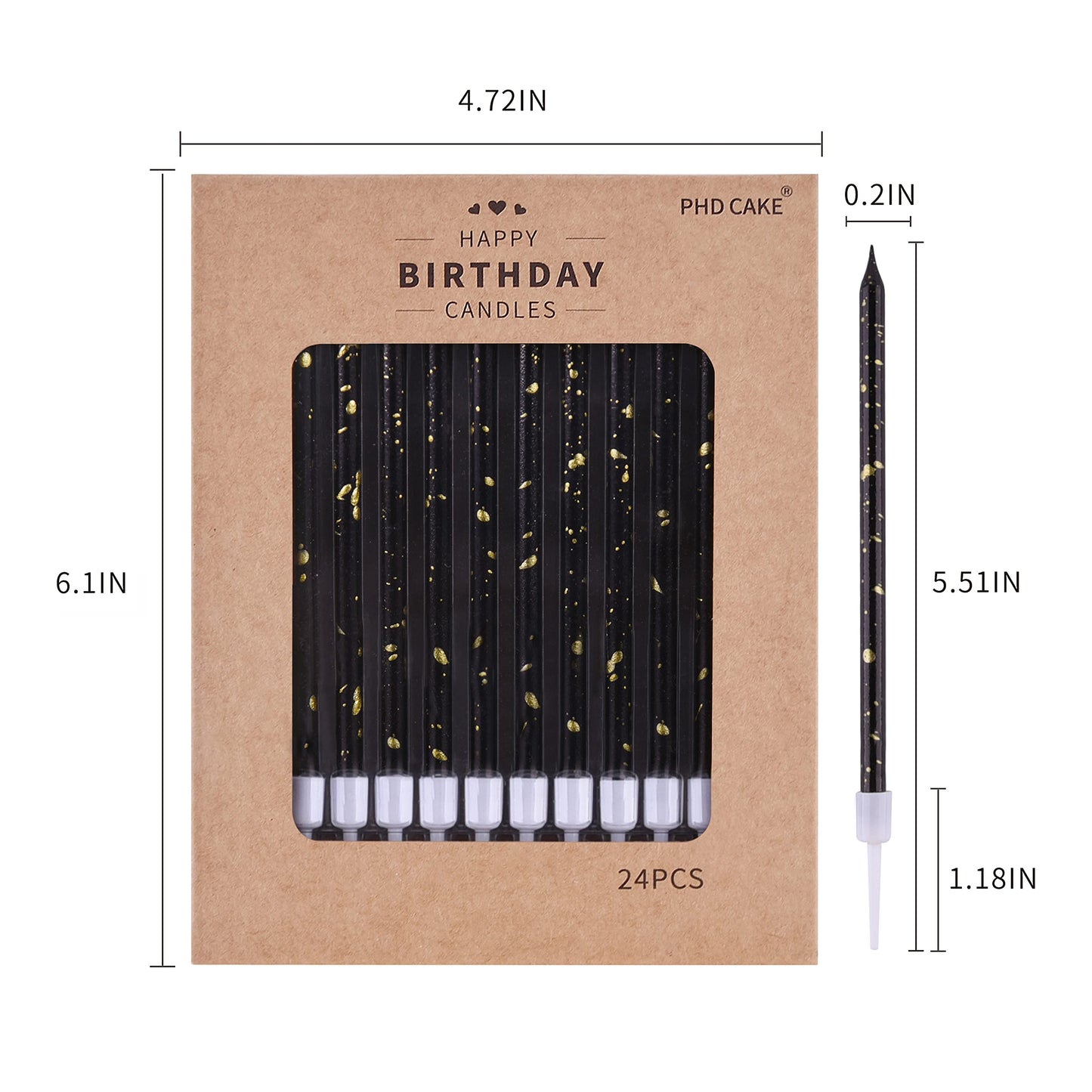 PHD CAKE 24-Count Black Gold Long Thin Birthday Candles, Cake Candles, Birthday Parties, Wedding Decorations, Party Candles, Uns