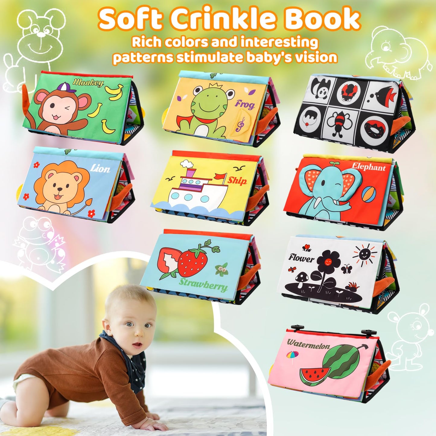 Oukzon Tummy Time Toys, Baby Toys 0-6 Months With Crinkle Book And Teethers, 6-12 Months Infant Mirror Toys High Contrast Baby G