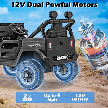 Olakids Ride On Truck, 12V Battery Powered Electric Vehicle For Kids With Remote Control, Bluetooth, Power Display, Led Lights, Music Player, Ride On Toy For 3+ Boys Girls (Black)