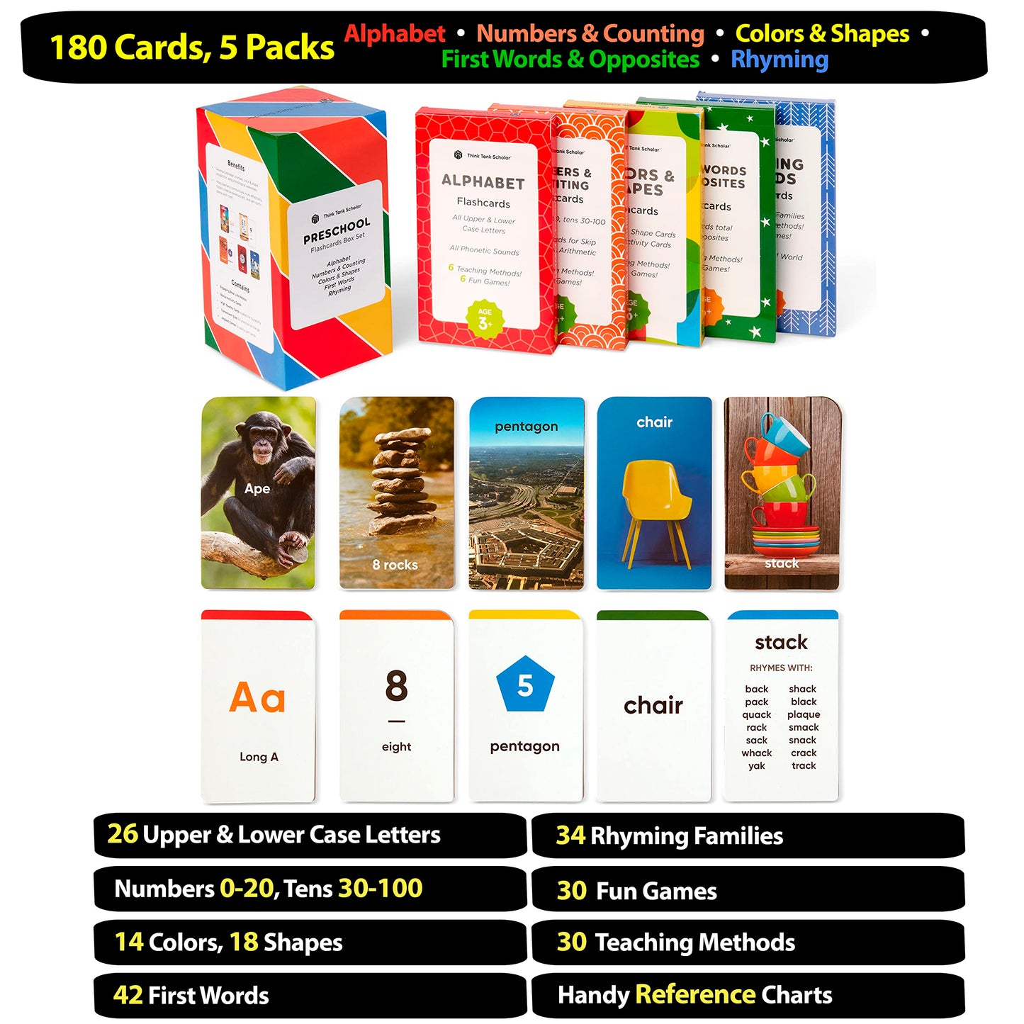 Think Tank Scholar Flash Cards For Preschool, Pre K And Kindergarten Set Of 5, 180 Cards - Learn Alphabets, Colors, Number, Shapes Animals & Sight Words - Educational Flashcards For Kids 2-5 Years
