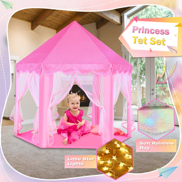 Senodeer Princess Tent With Rainbow Rug, Little Star Lights For Girls, Pink Play Tent For Kids, Girls Toys Set For Indoor Princess Games Decor, Princess Castle Playhouse