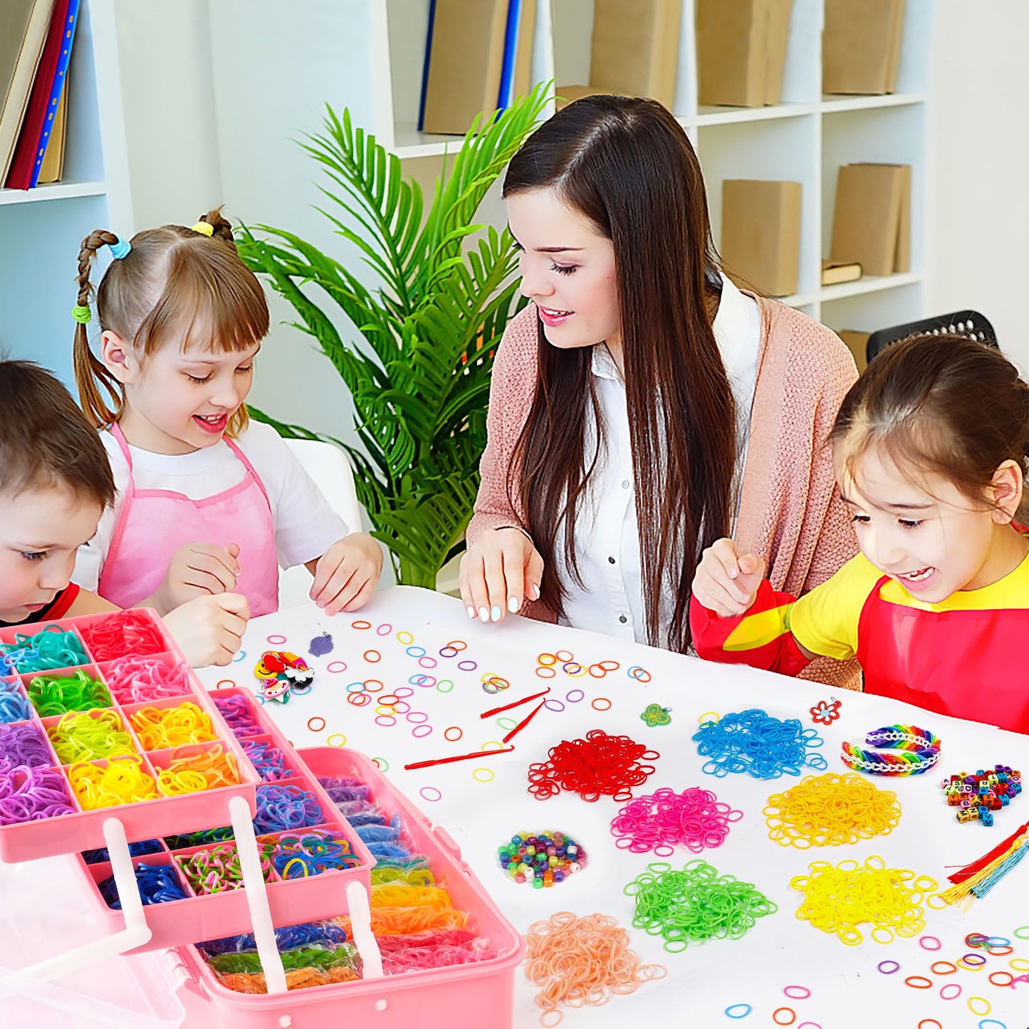 Inscraft 17500+ Rubber Loom Bands With 3 Layer Rose Pink Container, 28 Colors, 600 S-Clips, 352 Beads, 40 Cartoon Pendant, Bracelet Making Refill Kit For Kids