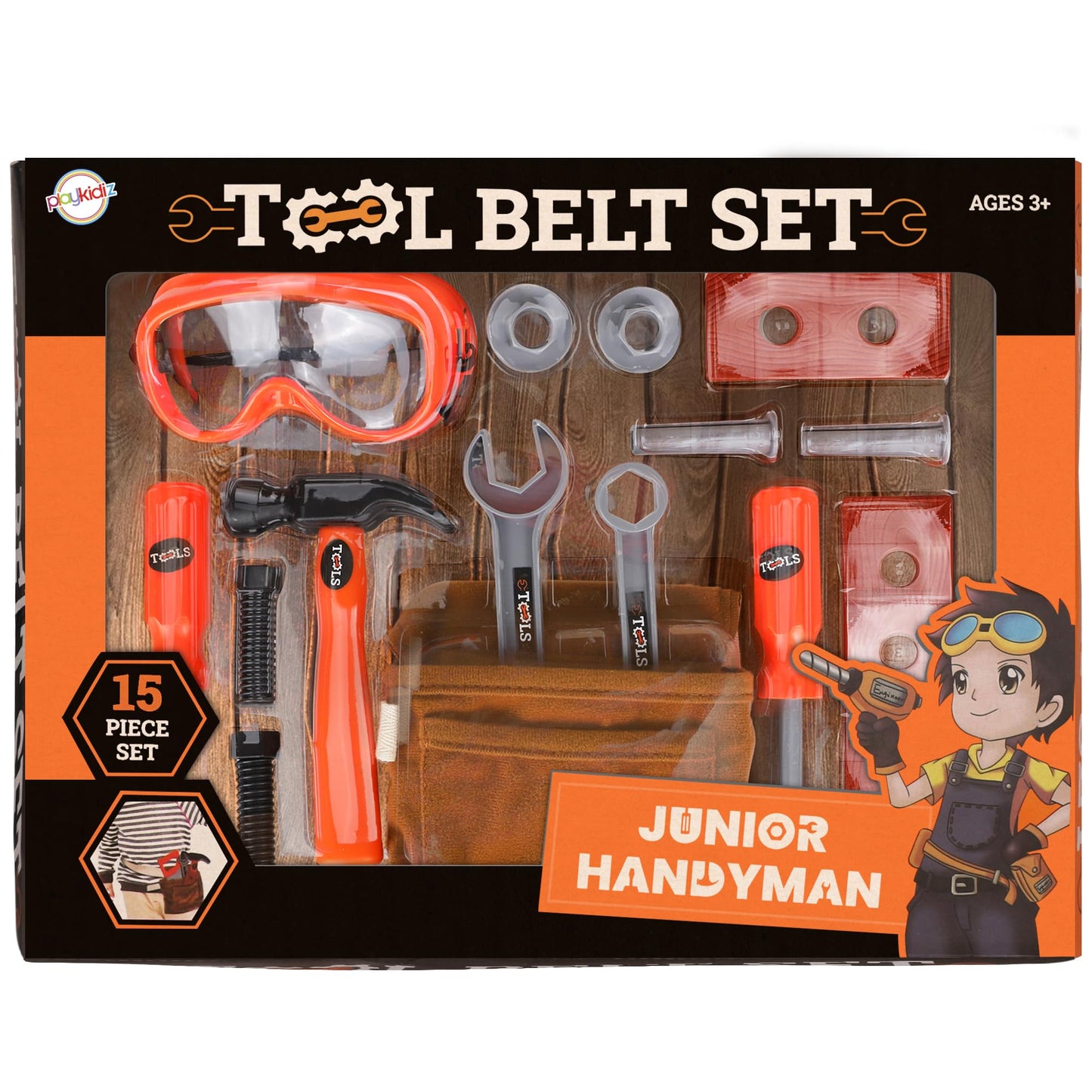Playkidiz Kids Tool Belt Set - Adjustable Toddler Tool Belt to Pretend Construction, 15pc Durable Kids Toy Tool Set for Learning