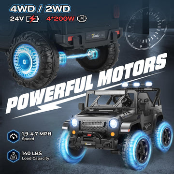 Hikole 24V 4X4 Ride On Toys For Big Kids - 4Wd/2Wd Switchable 2 Seater Power Car Wheels With Remote Control, 4X200W Motors, 5 Mph Max Speed, Music, Electric Car For Boys Girls, Black