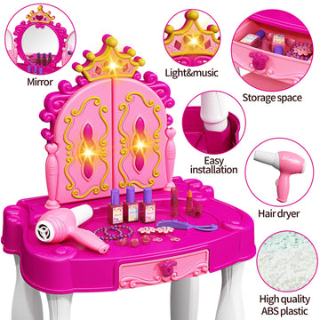 Eohemeral Toddler Makeup Table With Mirror And Chair, Kids Makeup Vanity Set With Accessories And Lights And Music Sound For Gir