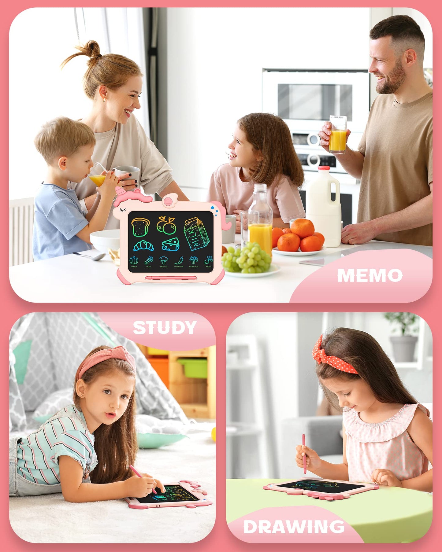 Bravokids Lcd Writing Tablet For Kids,Toys For 2 3 4 5 6 Year Old Girl Gifts,8.5 Inch Toddler Doodle Board Drawing Tablet, Unicorn Toys, Christmas Birthday Gifts (Pink)