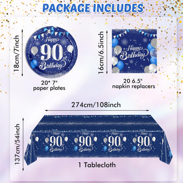 Blue 90Th Birthday Decorations For Men Navy Blue Silver Happy 90Th Birthday Tableware Set Include Happy 90Th Birthday Plates Nap
