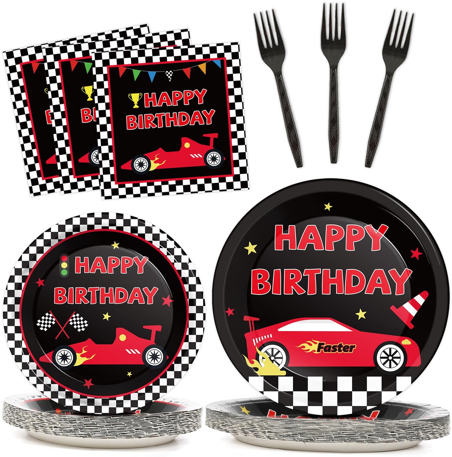 25 Guests Race Car Birthday Party Supplies Plates Napkins Forks Set Disposable Racing Car Tableware Paper Plates Dinnerware For