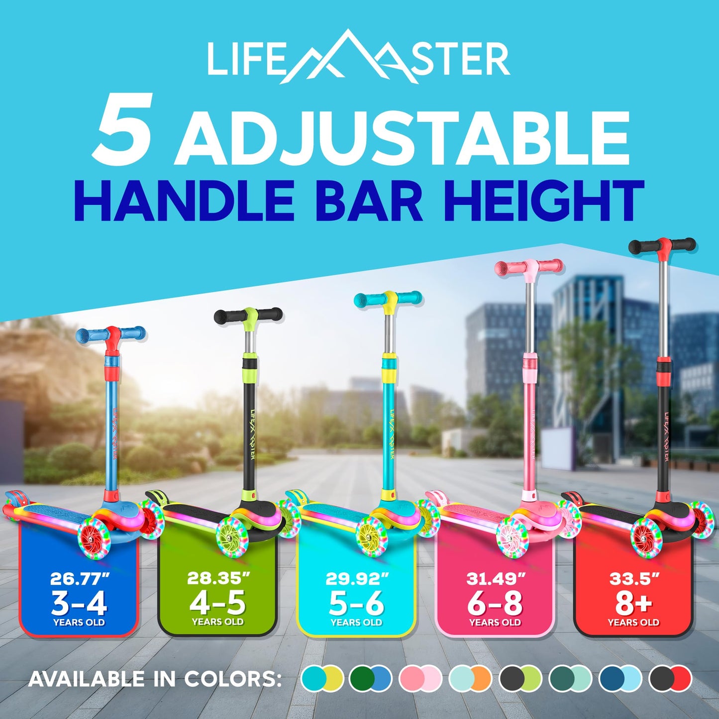 Lifemaster 3-Wheel Kids Scooter With Multi-Color Lights On Deck & Wheels - 5-Height Adjustable Handlebar, Wide Anti-Slip Deck, C
