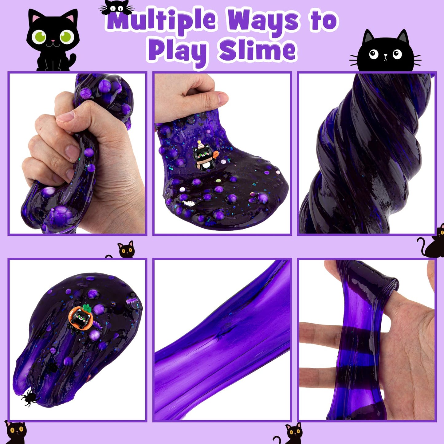 300Ml Black Cat Slime With Clay, Dark Purple Clear Slime Kit For Girls Ages 8-12 With 9 Packs Slime Add-Ins, Slime For Kids Party Favors, Non Stick Slime Toys Birthday Halloween Christmas Easter Gifts