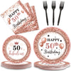 50 And Fabulous Birthday Decorations For 24 Guests,Rose Gold 50Th Birthday Plates And Napkins Tableware Set Disposable Fifty Bir