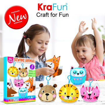 Krafun My First Sewing Animal For Kids, Beginner Art & Craft, 5 Easy Activities Stuffed Animal Dolls, Keyring Charms, Instructions & Felt Materials For Learn To Sew, Embroidery