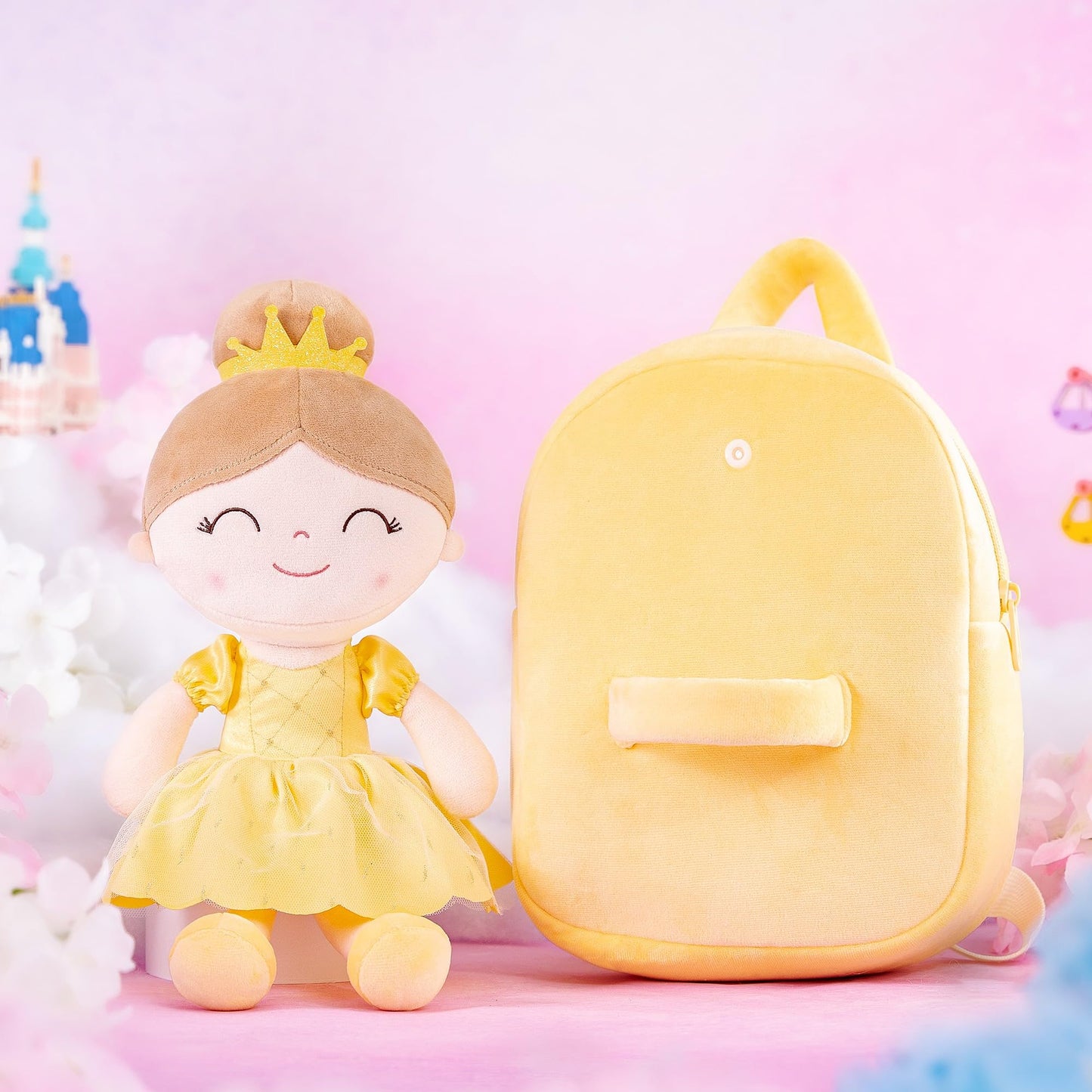 Gloveleya Toddler Backpack For Girls Kids Backpacks Soft Girl Toys Plush Baby Girl Gifts With Plush Princess Bella Doll Yellow 9'