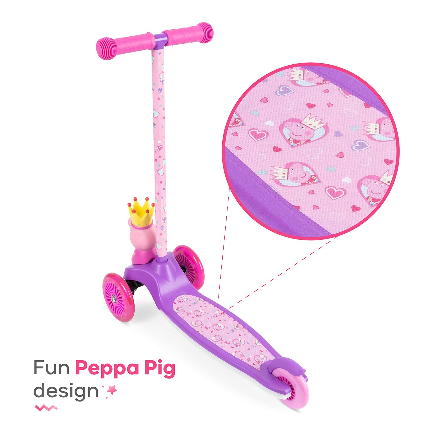 Peppa Pig Kick Scooter For Kids, Self-Balancing 3 Wheeled Light Up Scooter With Extra Wide Anti-Slip Deck, Rear Brake, Lean To S