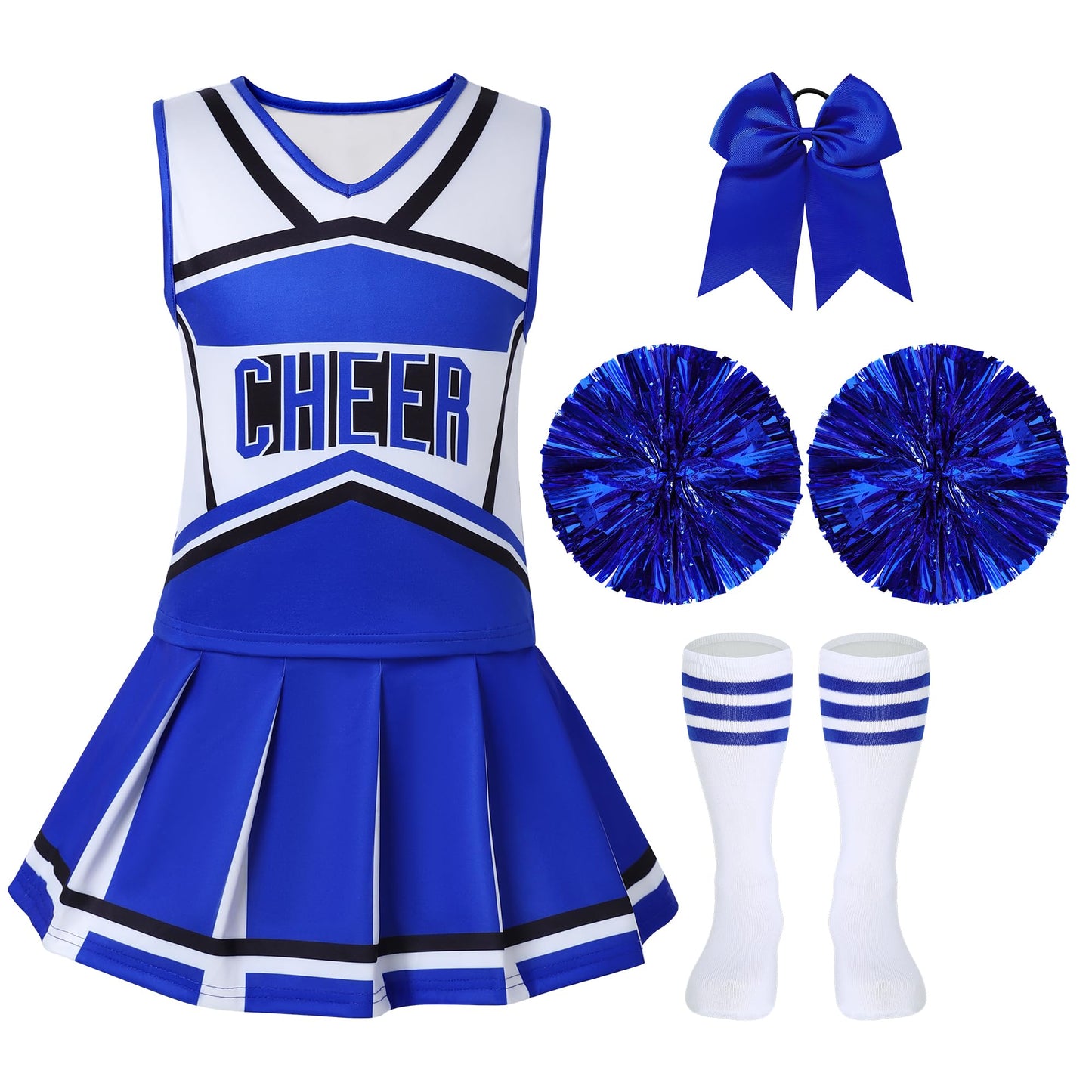 Woohand Cheerleader Costume For Girls 5-6 Cheerleading Outfit With Pom Poms Socks Bowtie Halloween Party Dress Up