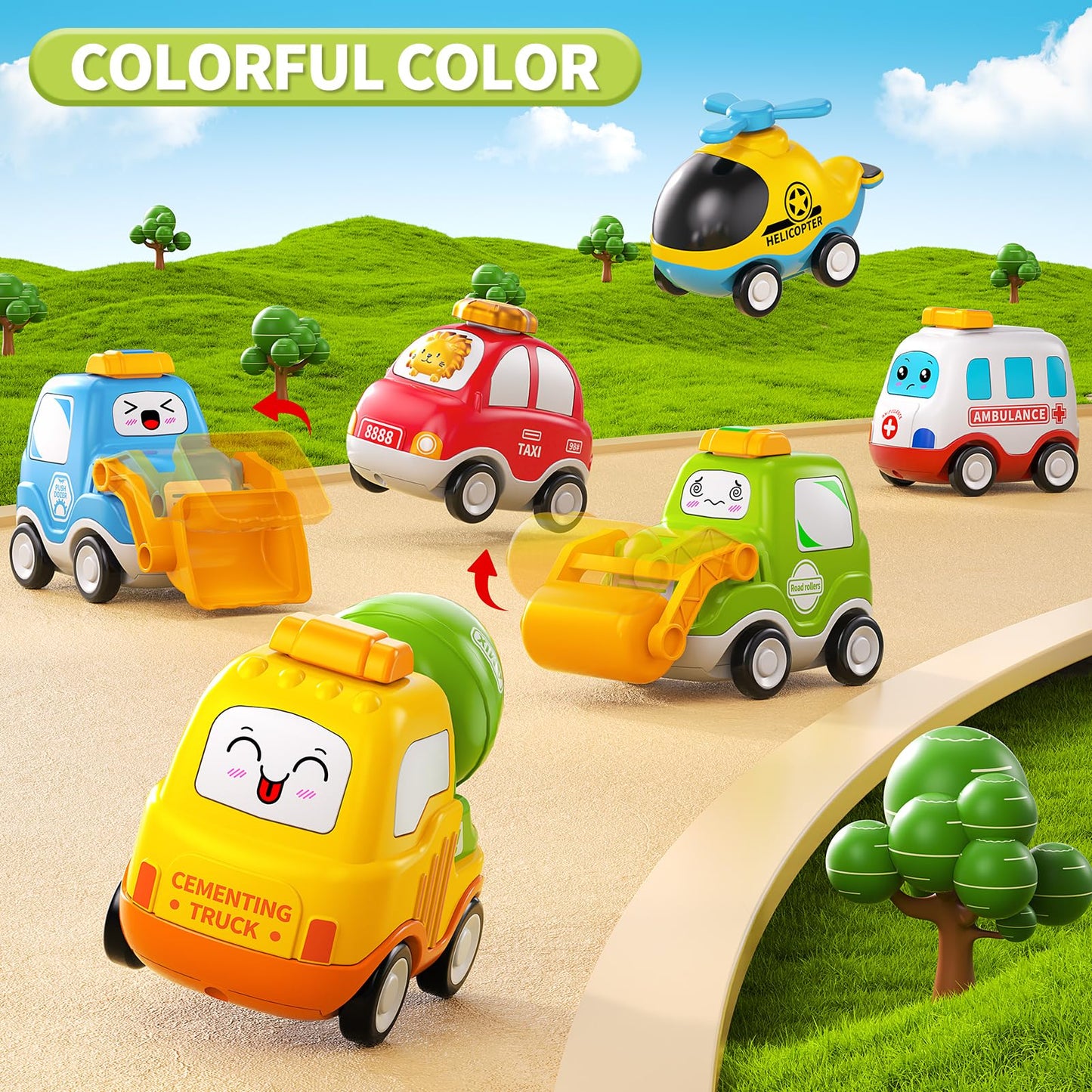 Jukudahu Press Engineering Car Toy For Tollders Age 1 2 3 4 5 6 Years Old - Toy Figure Car With Play Map, Push And Go Friction C