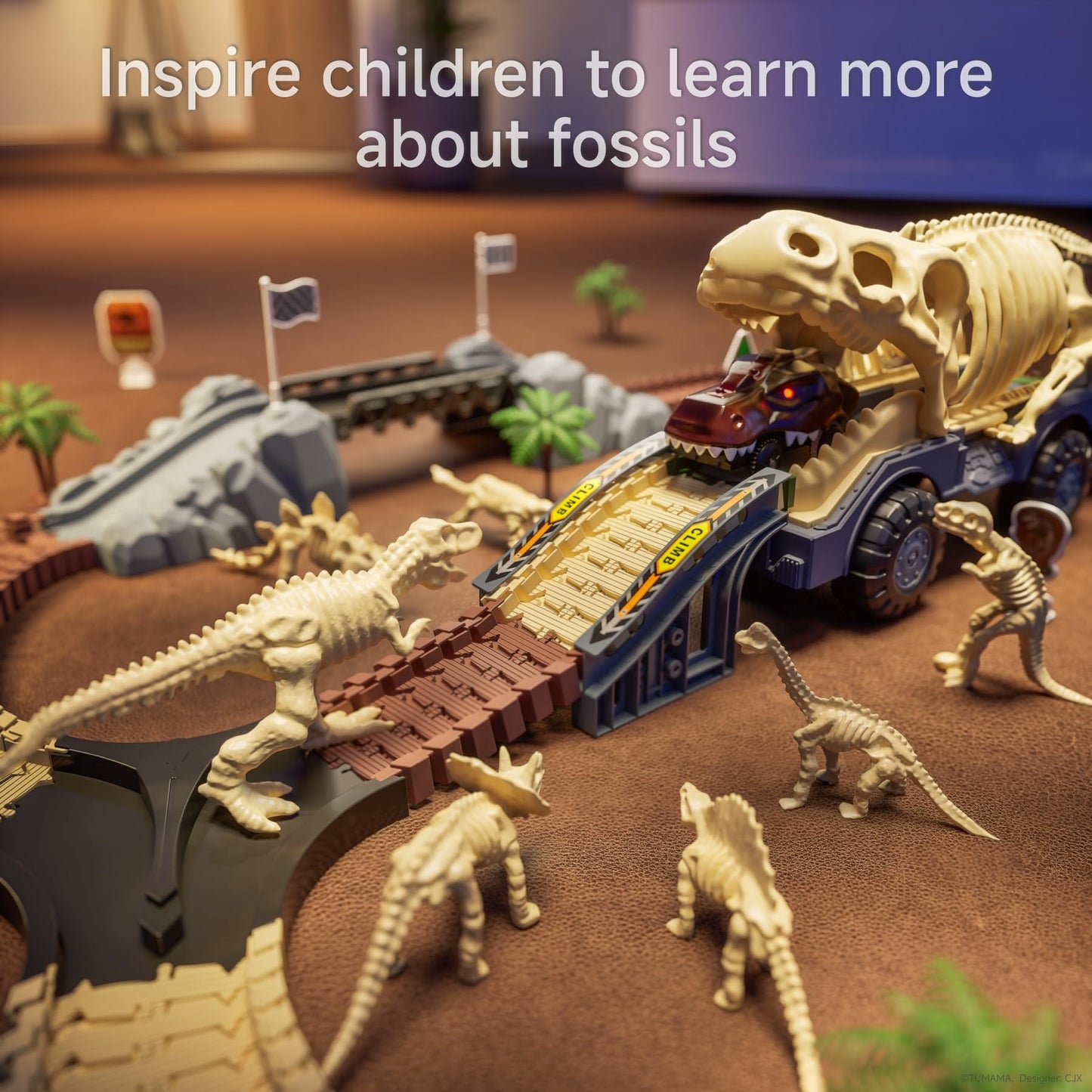 TUMAMA Dinosaur Toys Race Track, Dinosaur Fossil Theme Flexible Race Track Toy Set for Kids 3-5 5-7, Create Road Racing World fo