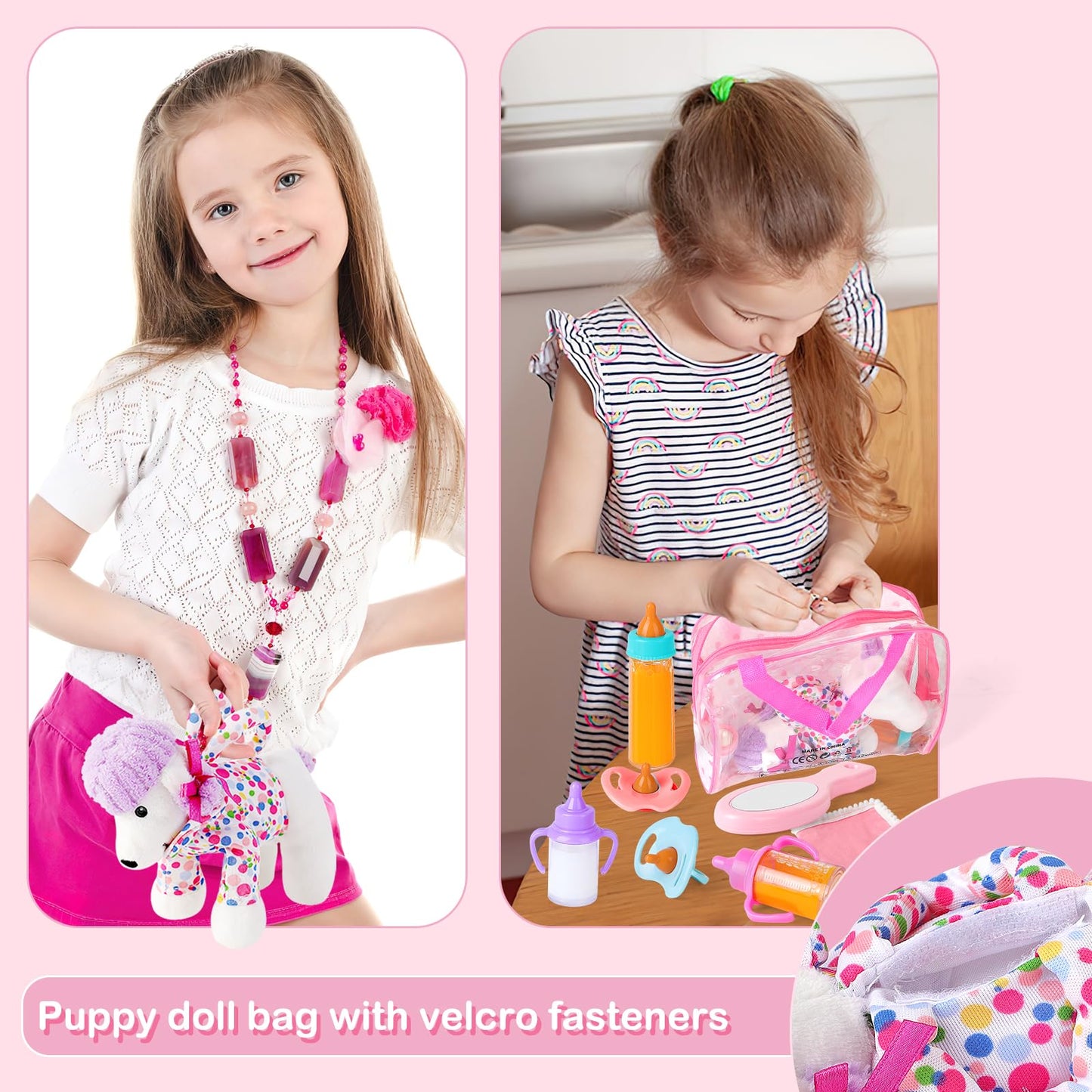 Deao Baby Doll Accessories Bag,20Pcs Baby Feeding Accessories,Clothes,Doll Dog,Soother Dummy - Pretend Play Set For Birthday Gift Christmas(Doll Not Included)