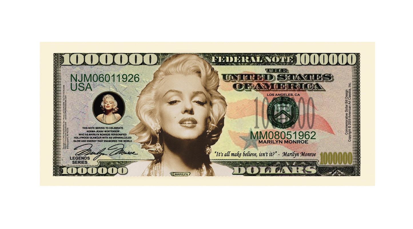 Marilyn Monroe Million Dollar Novelty Bill Play Money with Bill Protector
