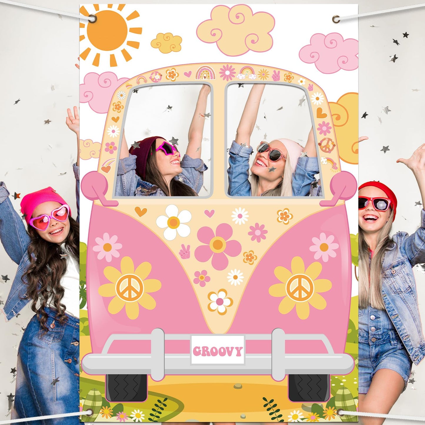 Hippie Bus Photo Prop Groovy Party Decorations Large Fabric Groovy Van Prop Hippie Selfie Frame Backdrop Background Banner Birthday Party Supplies Retro Daisy 60S 70S Party Favors 59 X 39.4 Inch