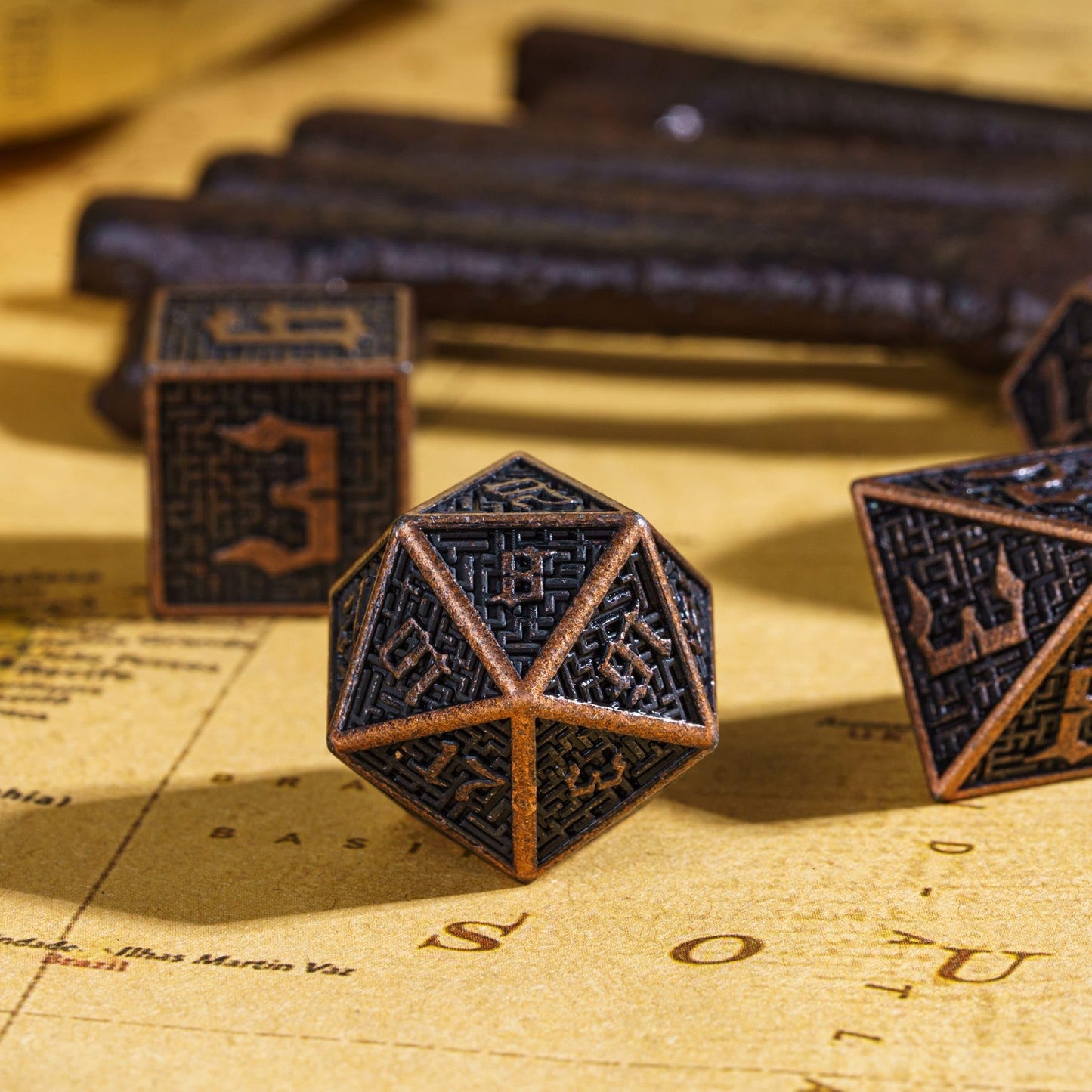 Udixi Metal Dnd Dice Maze Carved D&D Dice Set 7Pcs Copper Metal Dice With Leather Pouch For Dungeons And Dragons Role Playing Ga