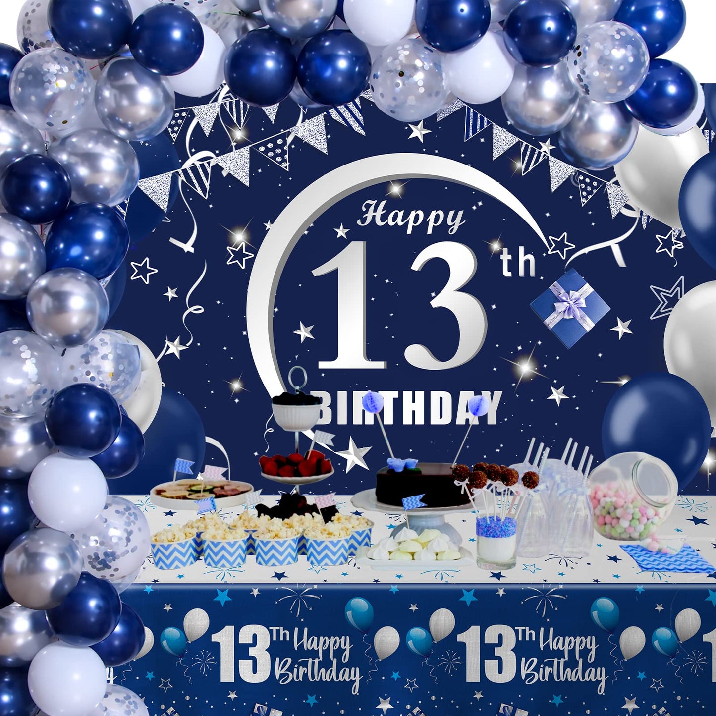 Navy Blue 13Th Birthday Decorations For Boys And Girls, Happy 13Th Birthday Backdrop, Tablecloth, Balloons Garland Arch Kit - 13Th Birthday Banner Party Supplies Bday Decor For Sweet 13 Year Old Teen