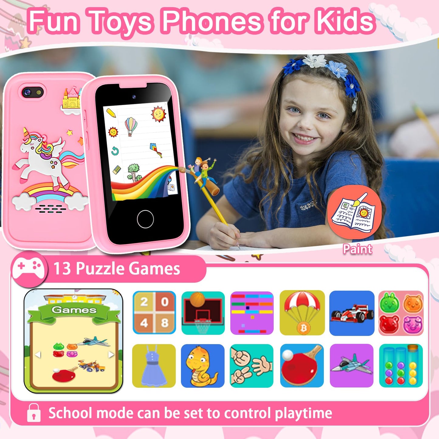 Kids Smart Phone Toys for Girls, Christmas Birthday Gifts for 3-10 Year Old Girl Boy Kids Toys, 2.8'' Touchscreen Toddler Learni