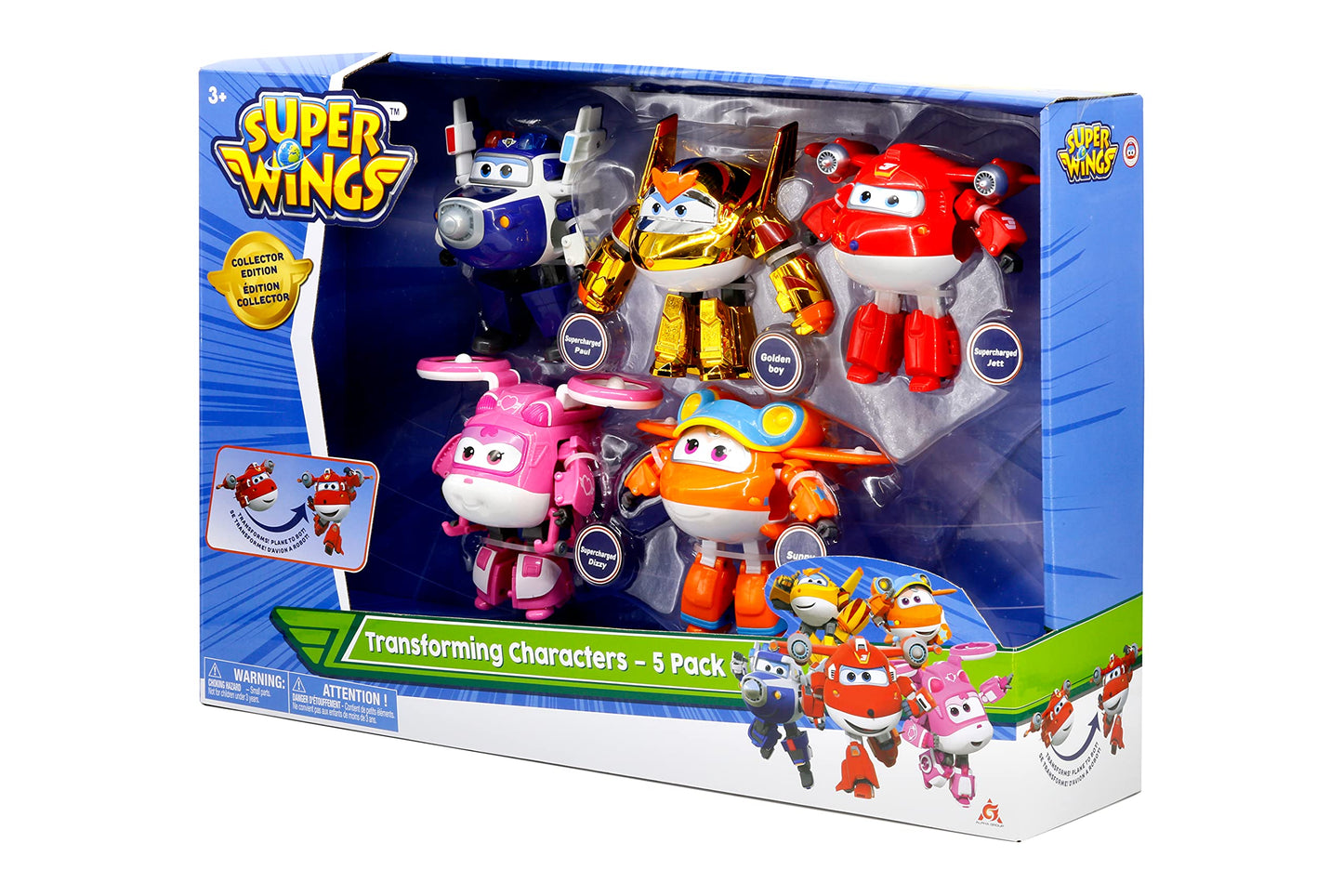 Super Wings 5' Transforming Toys 5-Pack, Supercharged Jett, Supercharged Paul, Supercharged Dizzy, Golden Boy & Sunny Airplane Toys Action Figures, Preschool Toy Plane For 3 4 5 Year Old Kids