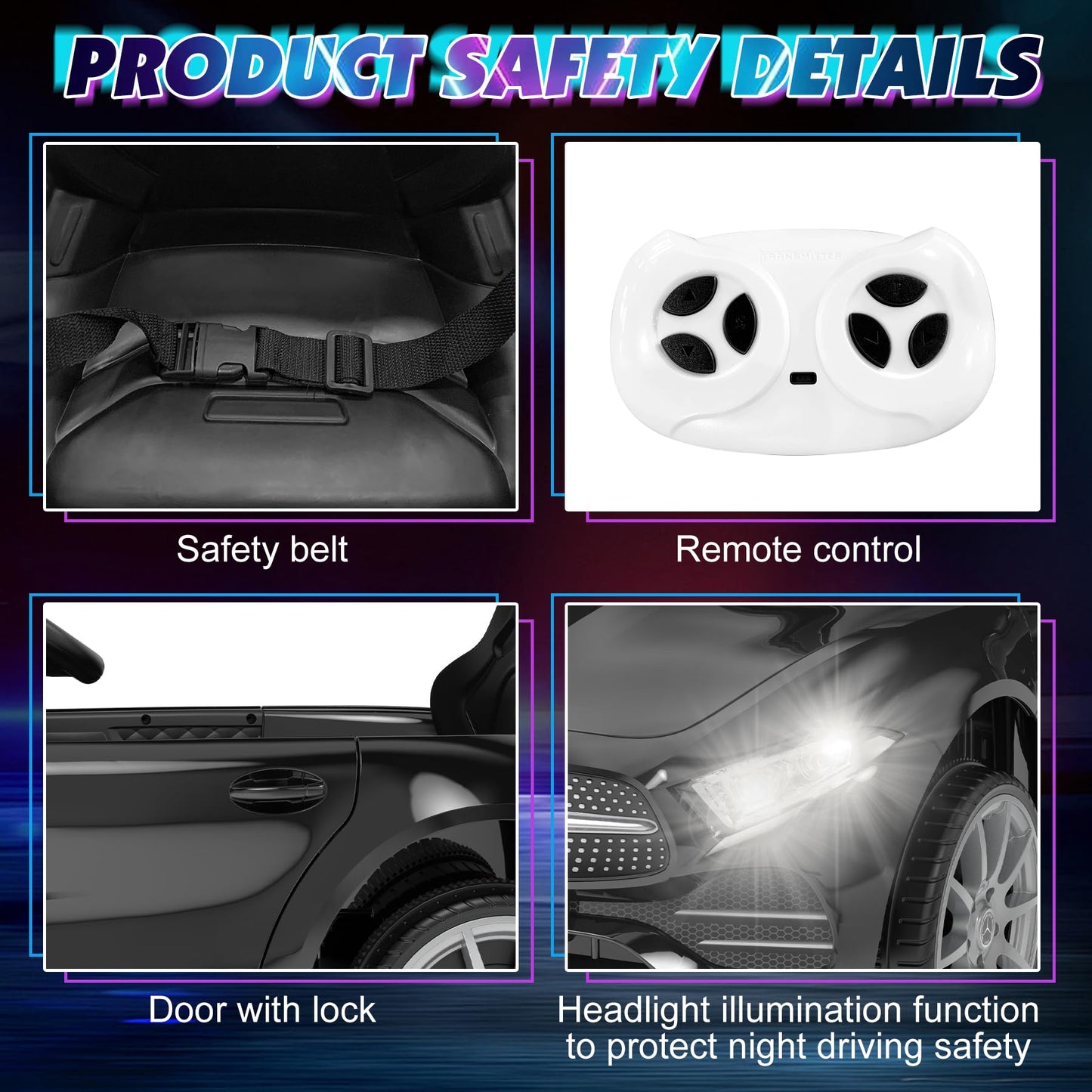 12V Kids Ride On Car With 2.4G Remote Control,Battery Powered Electric Car Ride On Vehicle Double Doors, 5 Point Safety Belt,Led Light (Sc-Black)