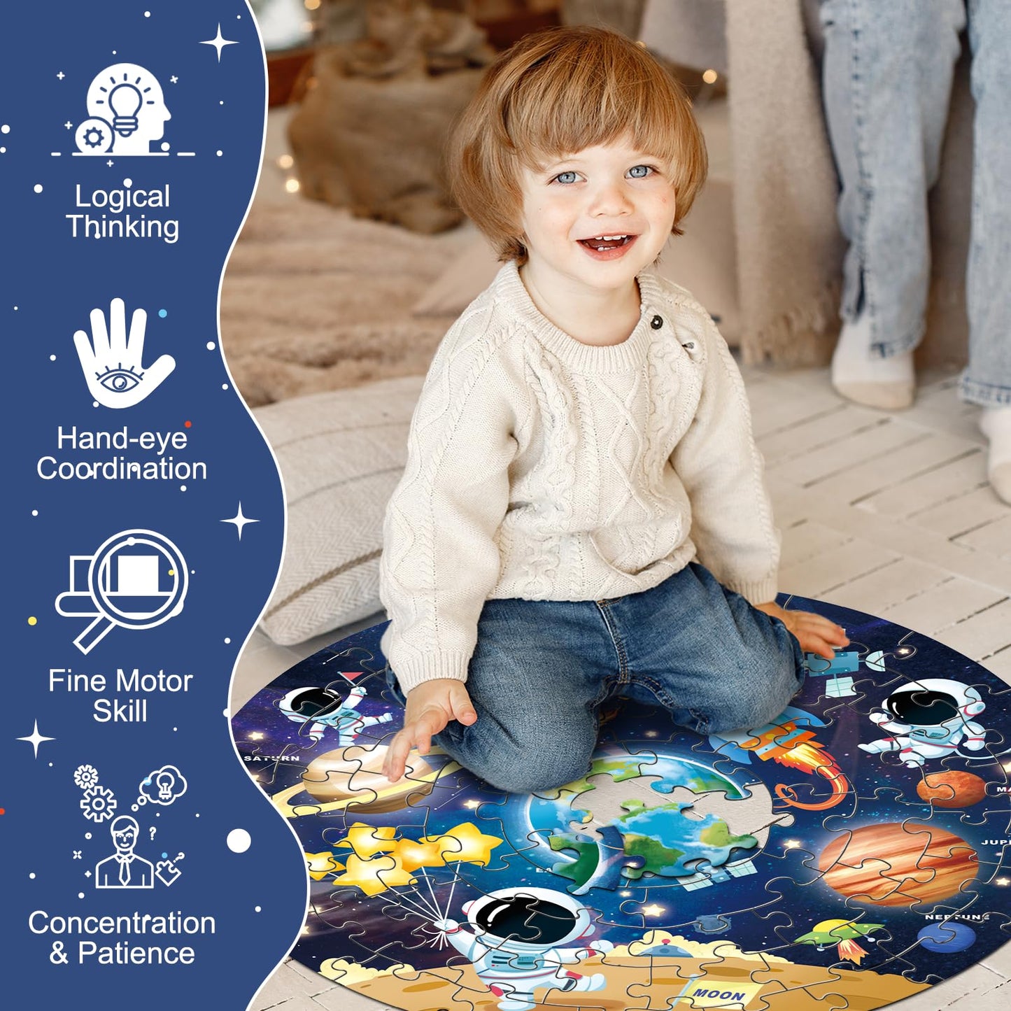 Round Jigsaw Puzzles,Floor Puzzle For Kids,Large 70 Piece Puzzle For Toddler Ages 3-5,Preschool Learning Educational Toy Christmas Birthday Gift For 4-8 Years Old Boy Girl (Solar)