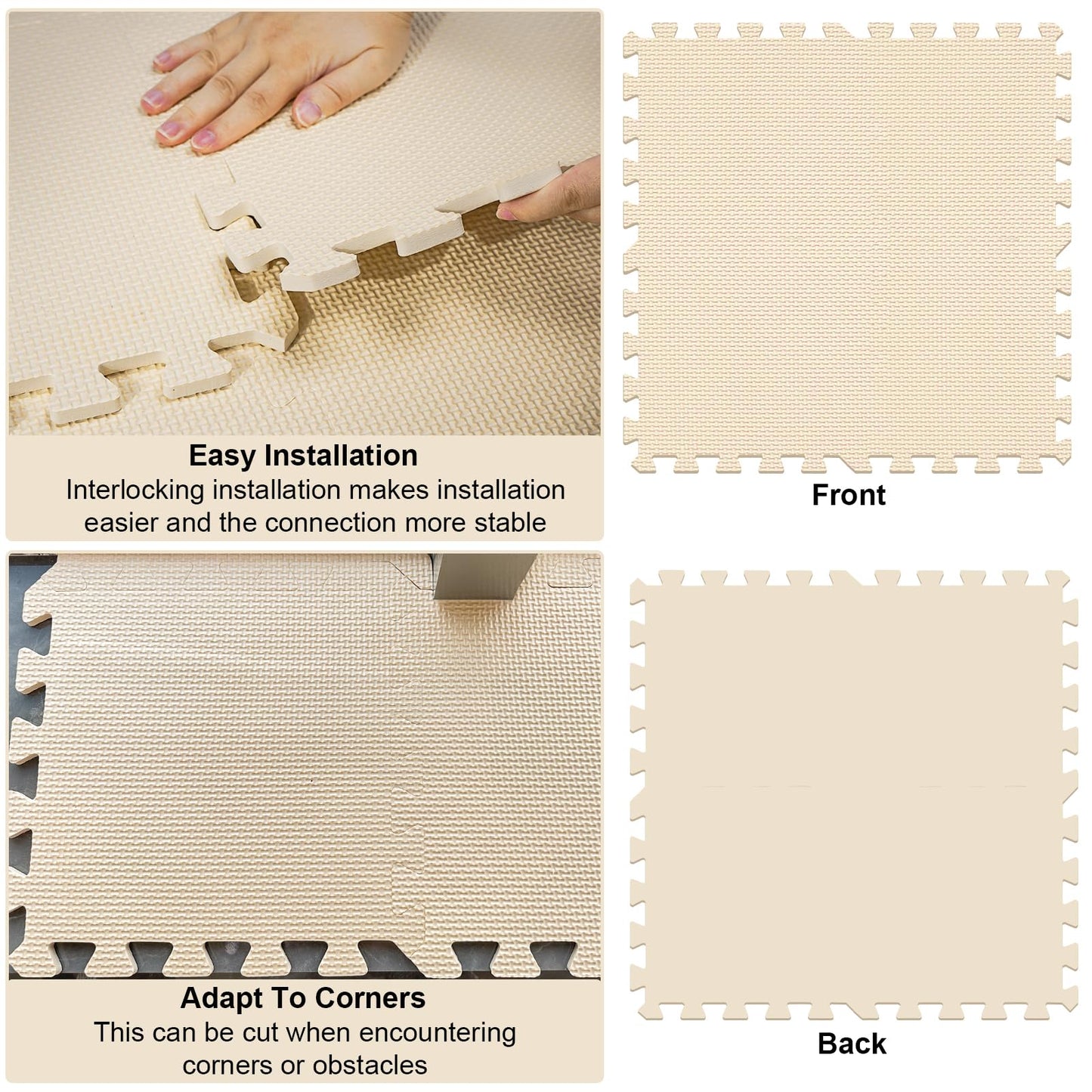 Hiwhy Puzzle Play Mat 9 Tiles With 18 Border Pieces, Interlocking Stitching Mat With Border For Living Room Playroom Gym, Beige