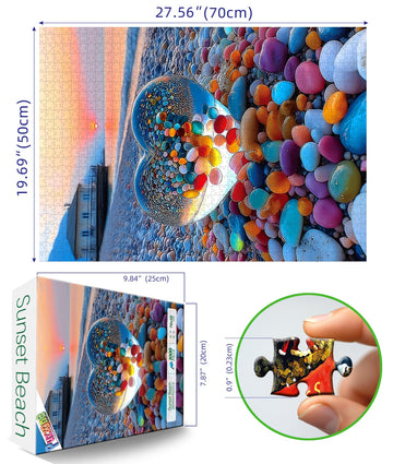 Beach Sunset Heart Jigsaw Puzzle 1000 Pieces for mature-themeds Colorful Pebbles Coastal Scene Challenging Puzzle Games enhanced 1000-Piece Puzzle for Game Night or Gift