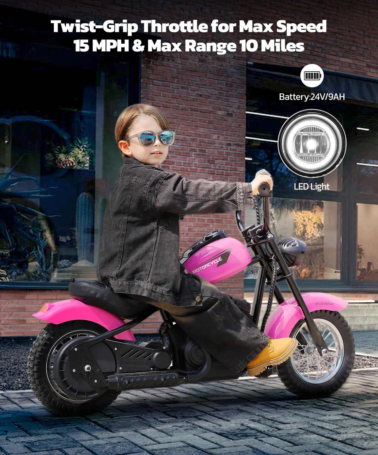 Elemara Electric Dirt Bike, 24V Ride On Toy For Big Kids,15 Mph & 150Lb Max, Kids Motorcycle W/Raised Handlebars, Power Display, Twist-Grip Throttle,Shock Springs, Key Start,Handbrake, 12' Tires-Pink