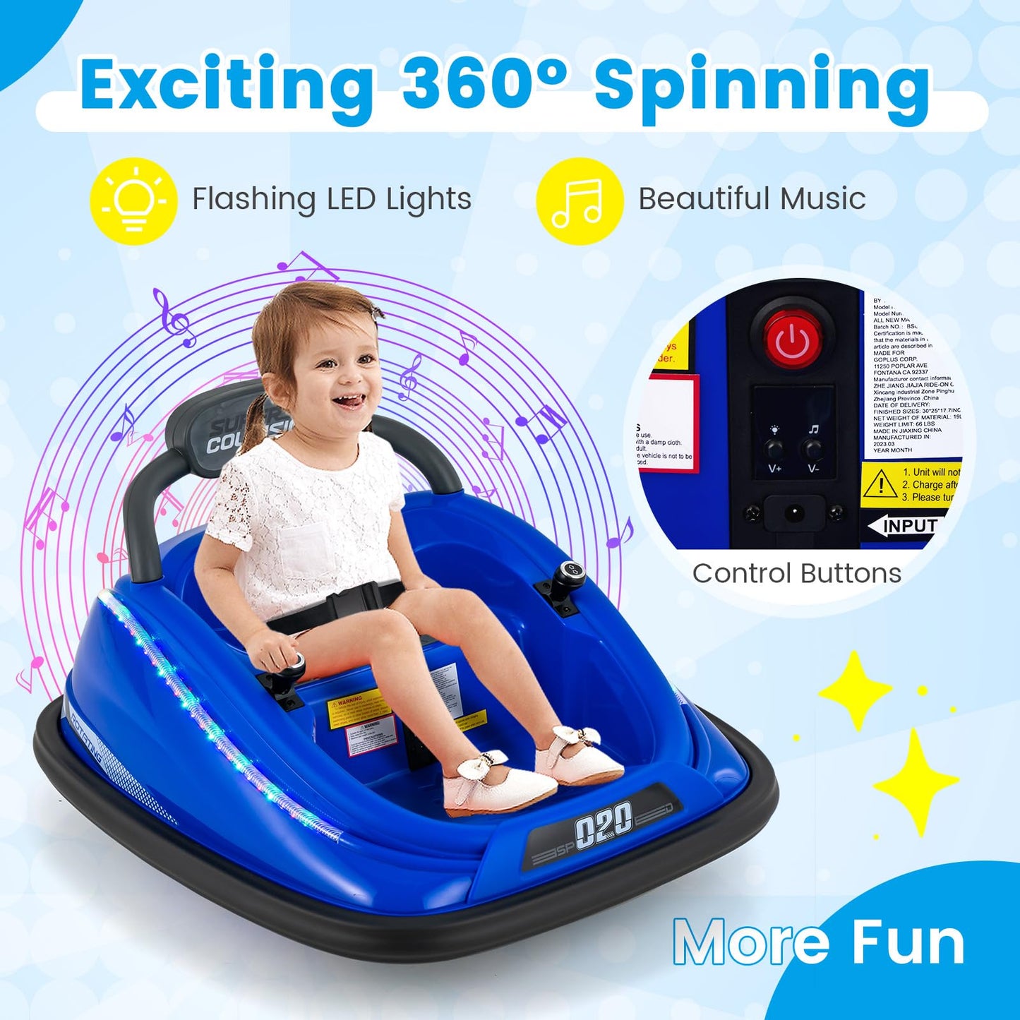 Olakids Bumper Car For Toddlers, 12V Kids Electric Ride On Toy With Remote Control, Battery Powered Vehicle Racer For Baby, 360 Degree Spin Rotation, Colorful Flashing Led Lights, Music (Blue)