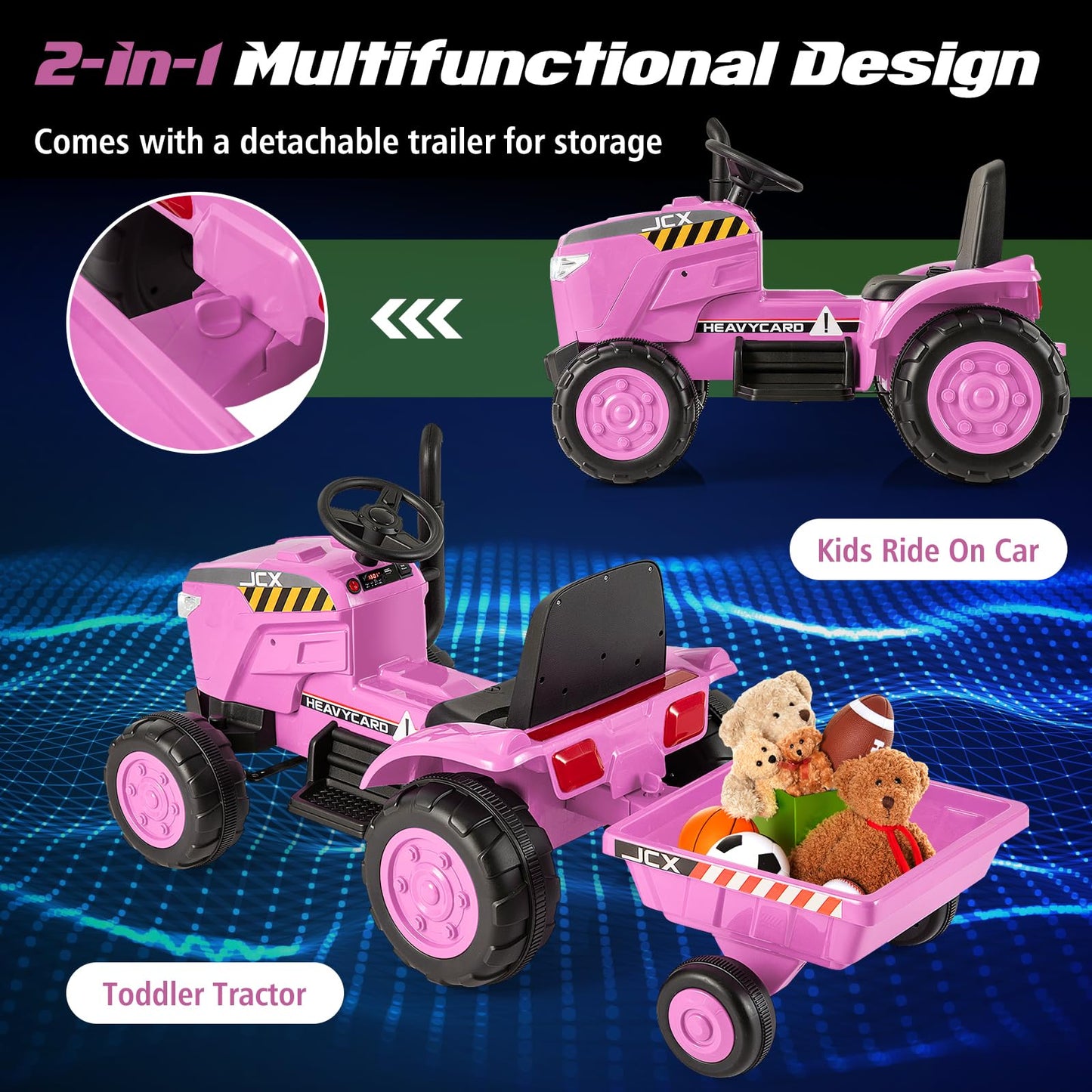 Honey Joy Kids Ride On Tractor, 12V Battery Powered Electric Tractors With Trailer, Led Lights, Music, 3-Gear-Shift Ground Loade