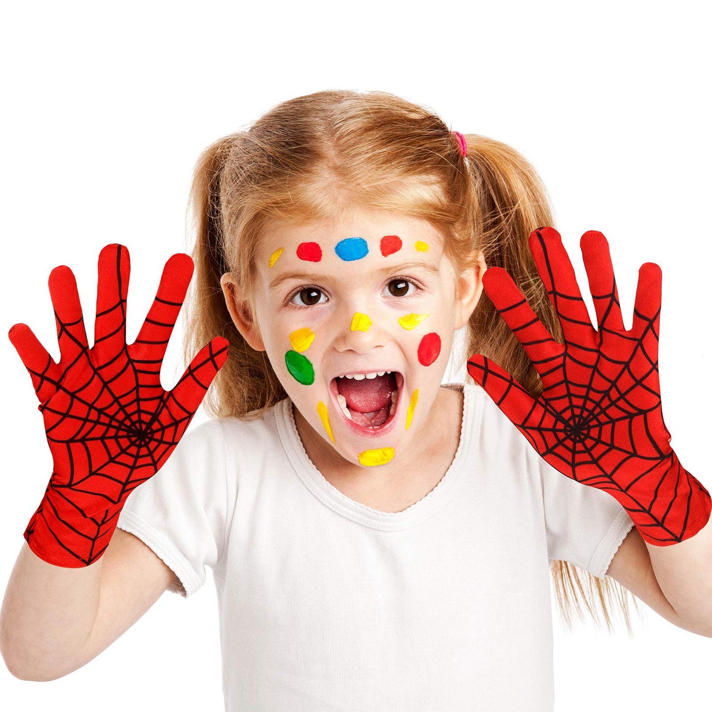 Geyoga 2 Pairs Spider Web Gloves Halloween Spider Gloves Red And Black For Halloween Masquerade Homecoming Cosplay (Child)