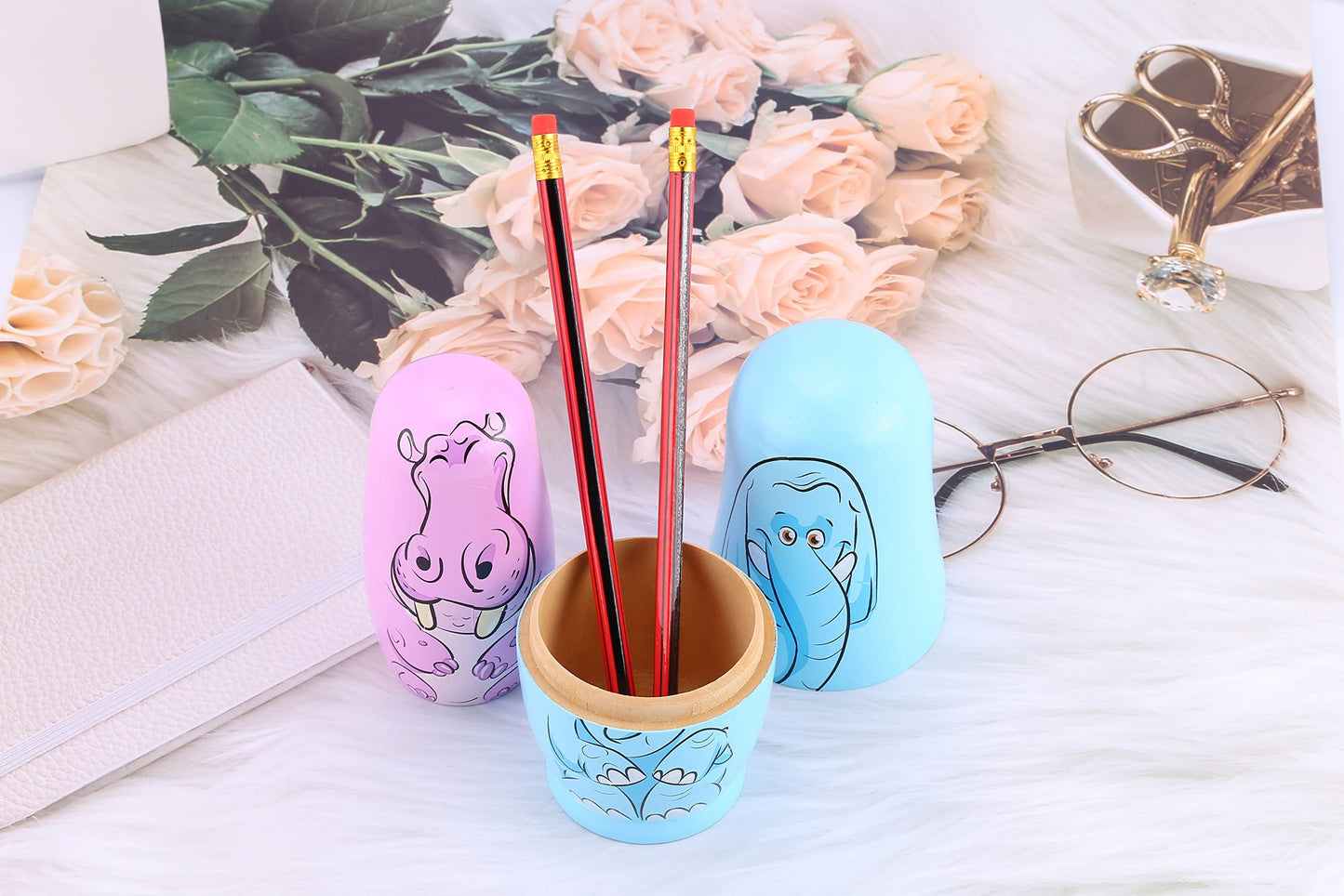 Yoption 6Pcs Russian Nesting Dolls Handmade Wooden Animal Matryoshka Dolls Set For Kids Christmas Birthday Wishing Gift (Blue El