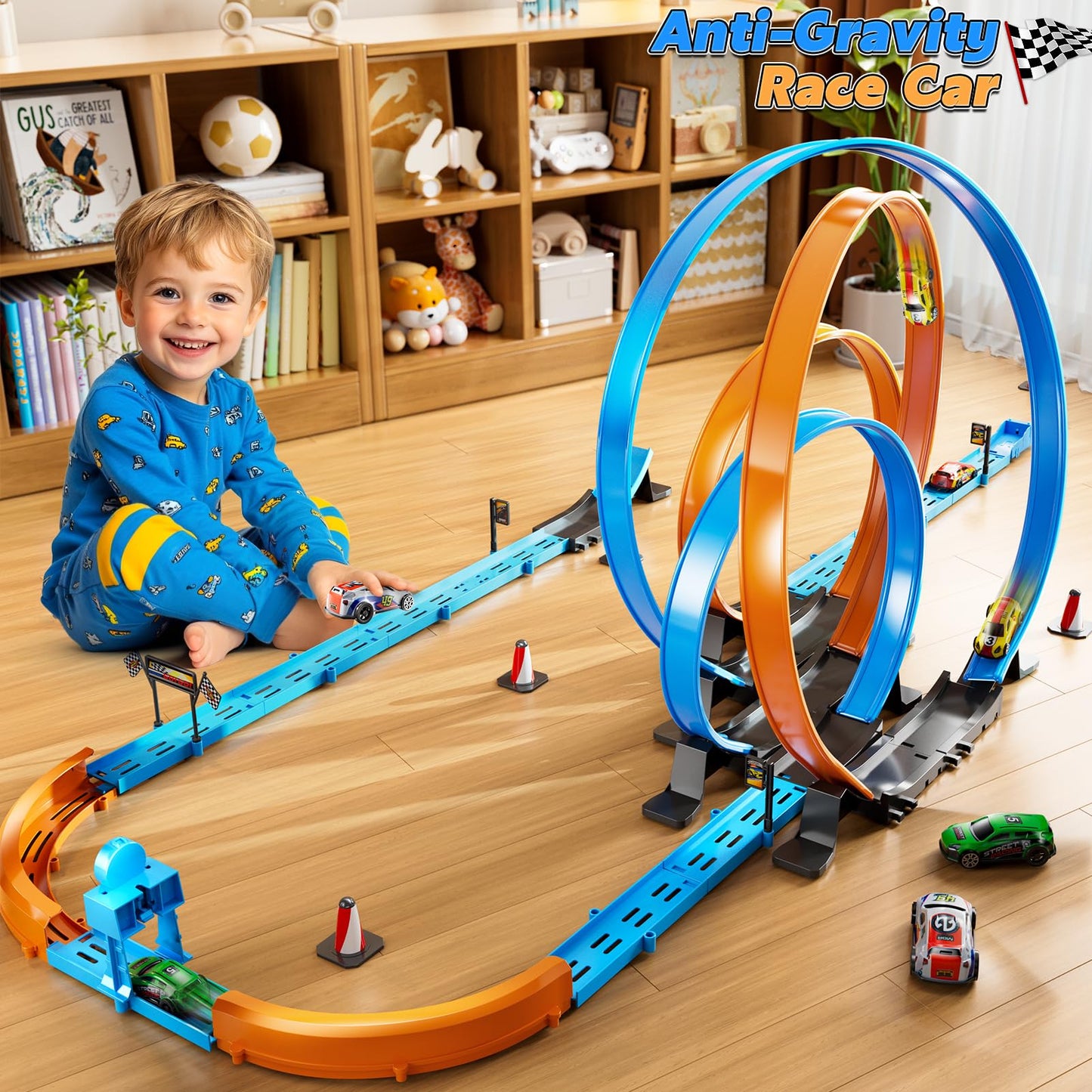 Lilybuds Toy Car Race Track Set For Boys Kids Age 3-5 4-7, Race Tracks With 4 High-Speed Pull Back Race Cars And Crash Zones, Ch