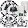 Whaline 100Pcs Christmas Tableware Set Buffalo Plaid Xmas Tree Disposable Dinnerware Set 50Pcs Paper Plates 25Pcs Napkin 25Pcs C