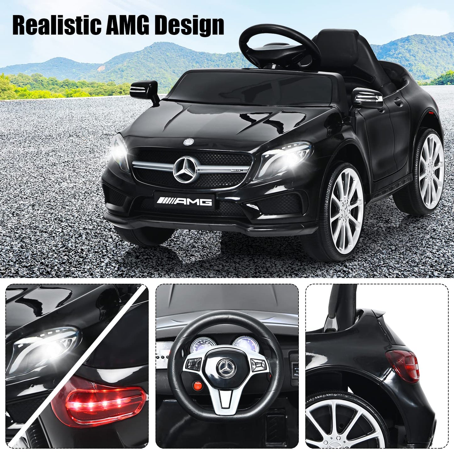 Olakids Kids Ride On Car With Remote Control, 12V Licensed Mercedes Benz Gla45 Electric Vehicle For Toddlers, Battery Powered Toy With Music, Usb, Mp3, 2 Speeds, Wheels Suspension, Led Lights (Black)