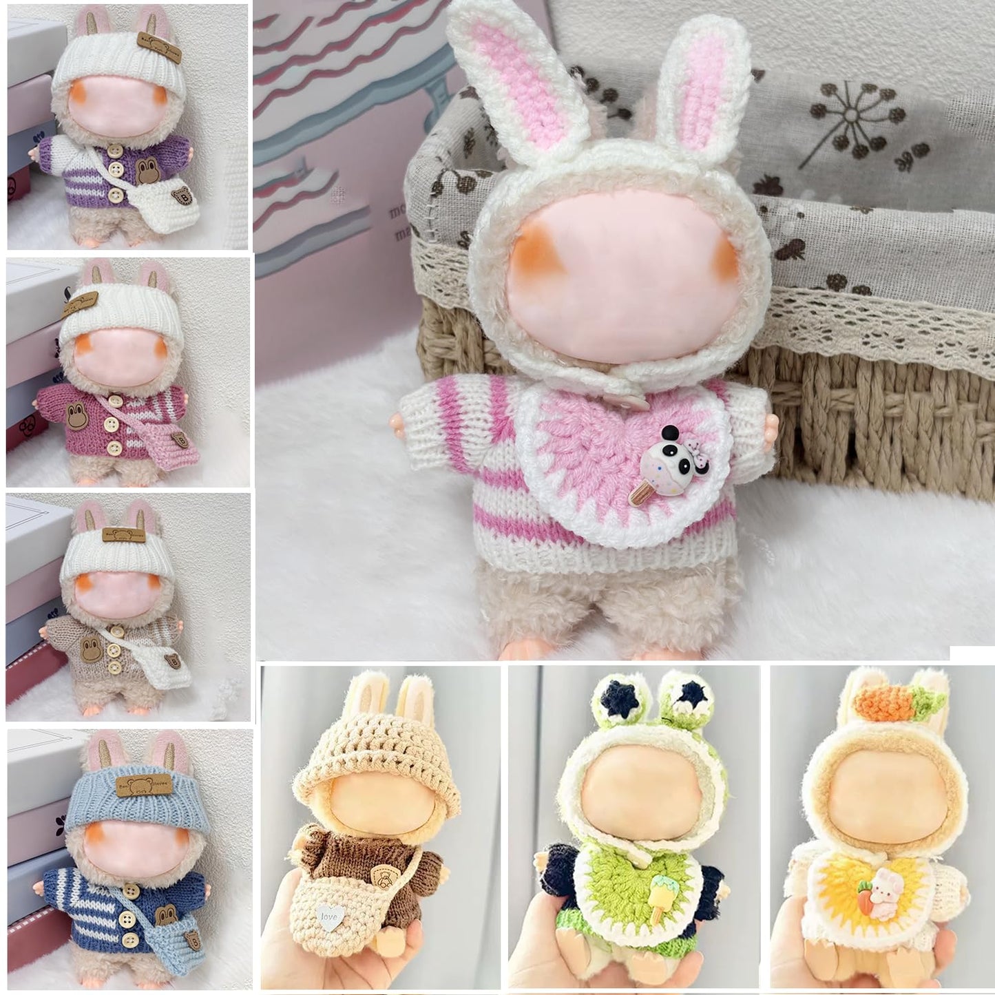 Clothes for Labubu 17cm Labubu Accessories Crochet 3 Piece Set Outfits for Labubu(Pink Rabbit)