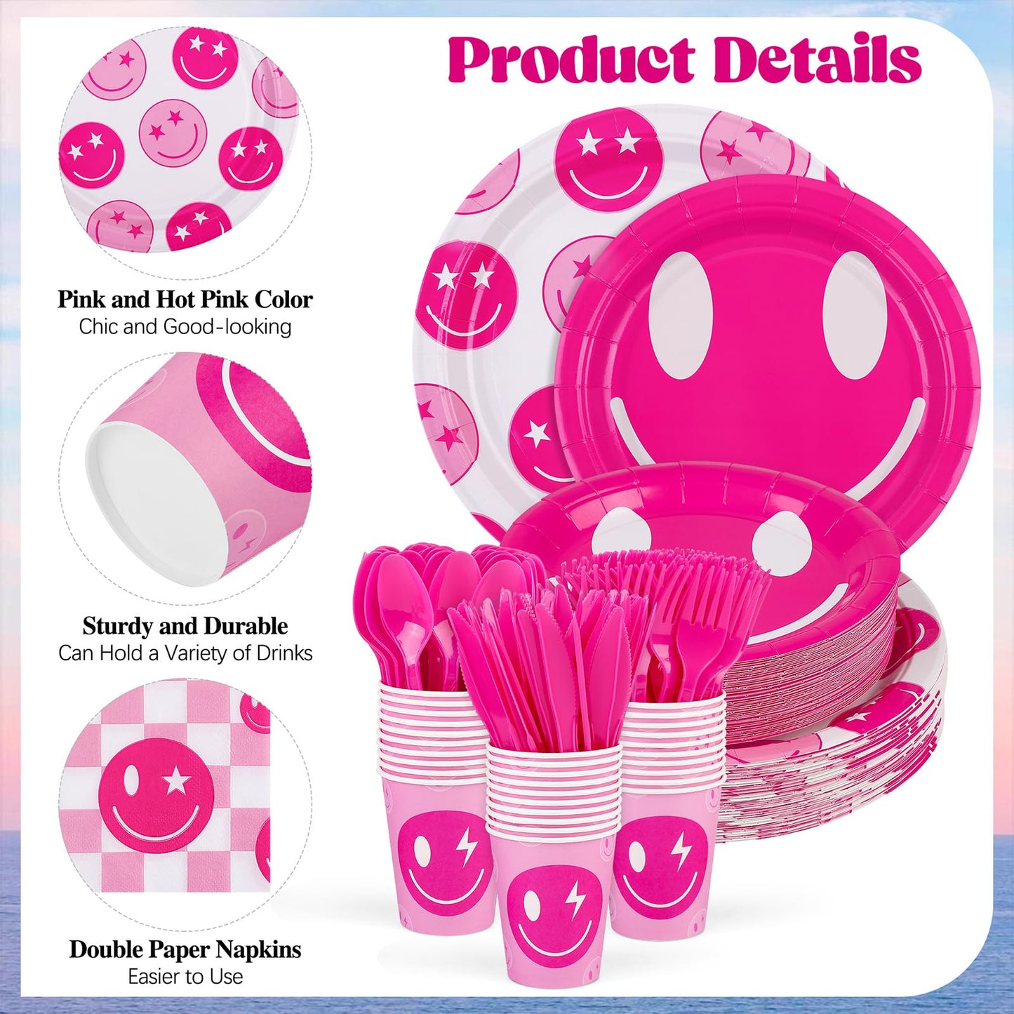 Durony 350 Pcs Preppy Birthday Decorations 50 Guest Disco Cowgirl Party Supplies Pink Smiley Face Paper Plate Cup Napkin Cutlery