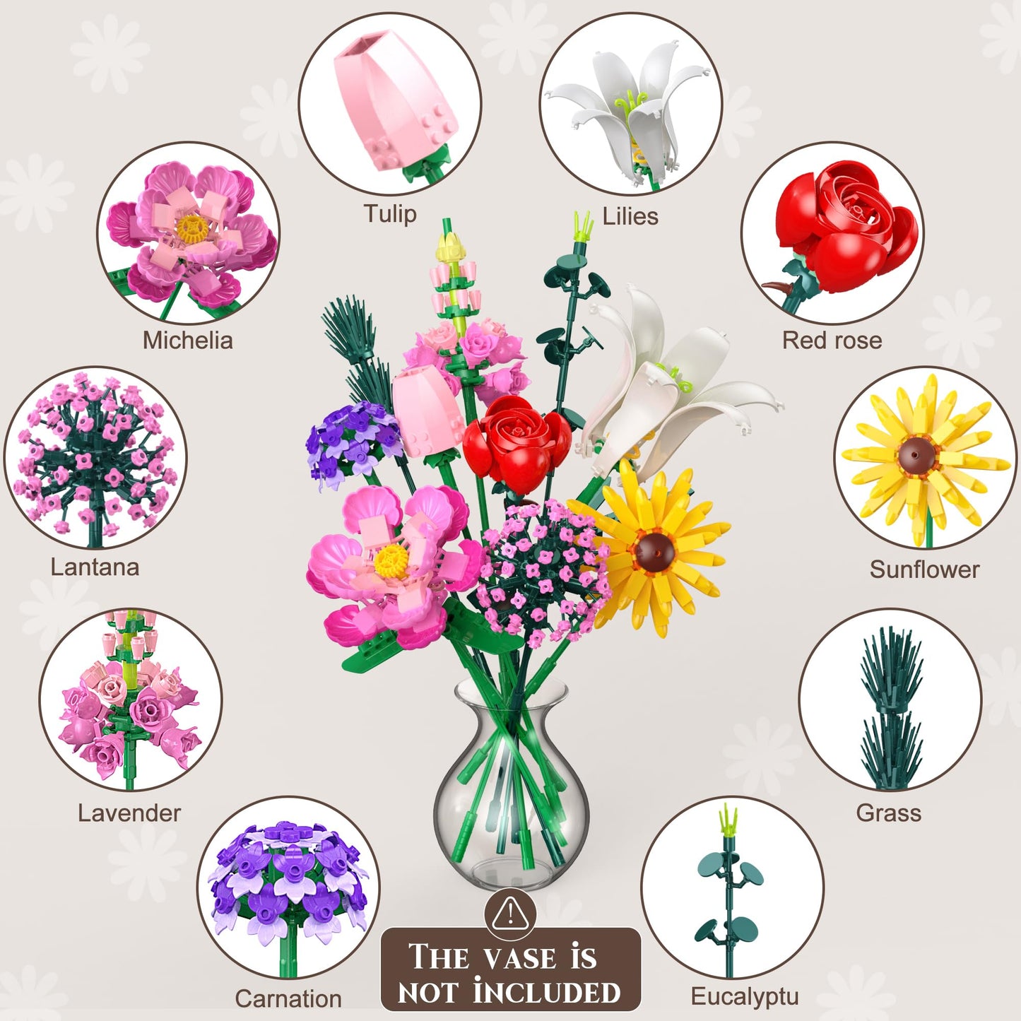 Flowers Bouquet Building Sets, 10 Pieces Of Never-Fading Flowers, Diy Creative Building Blocks,Ideal For Kids 6 For Valentine'S