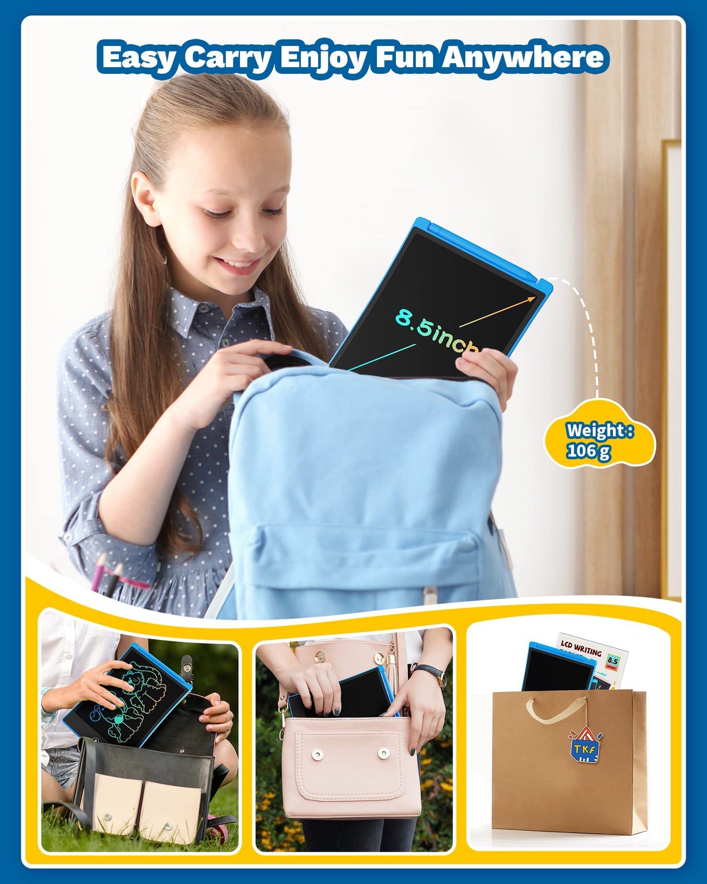 Tekfun 2 Pack Lcd Writing Tablet With 4 Stylus, 8.5In Erasable Doodle Board Mess Free Drawing Pad For Kids, Car Trip Educational