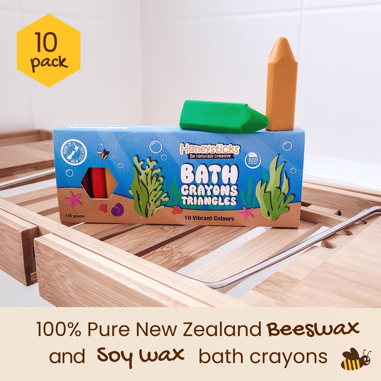 Honeysticks Triangle Bath Crayons Non Toxic (10 Pk) For Toddlers 1-3 And Kids 4-8, Natural Beeswax Crayons, Food-Grade Colors, Fragrance Free, Easy Grip Triangular Shape, Bath Toys For Bathtub, Shower