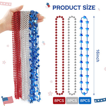 Hoosun 4Th Of July Beaded Necklace, 24Pcs Patriotic Star Bead Necklaces Red Silver And Blue Accessories,Fourth Of July Beads For